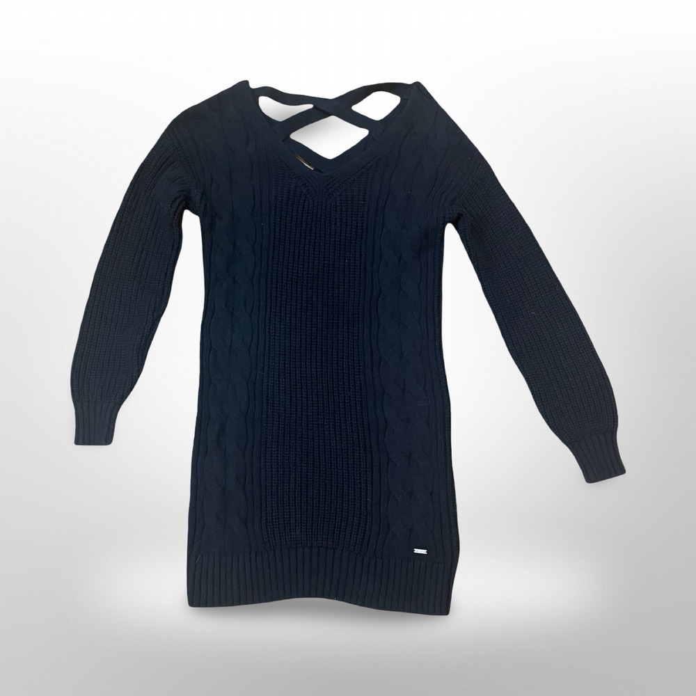 Hollister Black Cable Knit V Neck Crisscross Back Sweater Dress XS casual‎ cozy